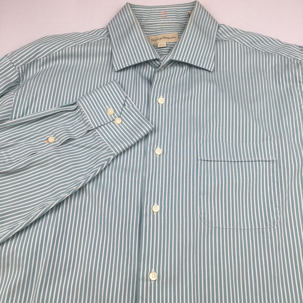 Tommy Bahama Mens Dress Shirt Striped 17 34/35 Teal White 100% Egyptian Cotton